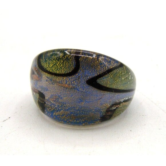 Pier One Blown Glass Cosmic Ring Domed Blue Gold Black Chromatic Lampwork Size 7 - Picture 3 of 12